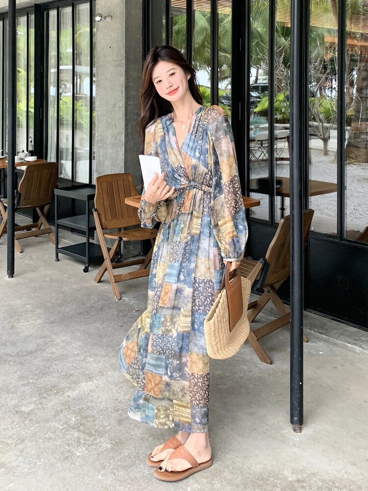 法式复古碎花连衣裙女夏季新款度假风森系小众收腰显瘦气质长裙子,女装连衣裙,浙宝210（原浙宝191）