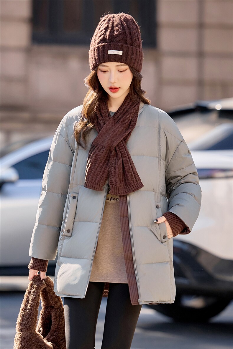 2025冬季新款时尚简约针织围巾可脱卸中长款羽绒服,女装羽绒服,深水步