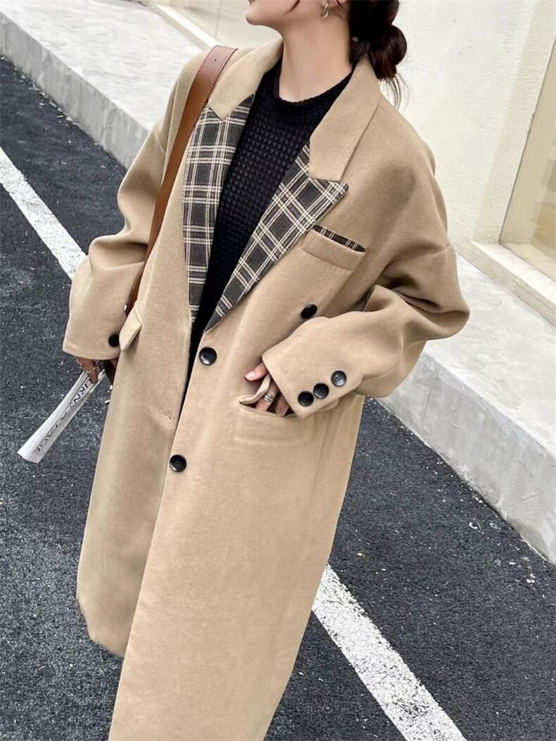 格纹拼接长款毛呢大衣，其它，Balance Studio