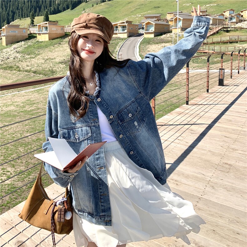 复古破洞花边领牛仔外套2025新款女春秋季设计感休闲独特chic夹克图片