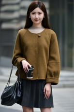 2025年秋季通勤长袖圆领插肩袖短款双面呢羊毛大衣，女装双面呢大衣，森墨