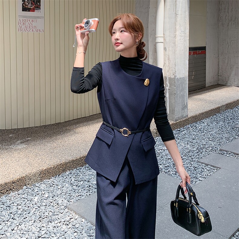 藏青色背心马甲阔腿裤套装女夏2025新款轻熟风巨好看通勤三件套,女装套装/套裙,1C150