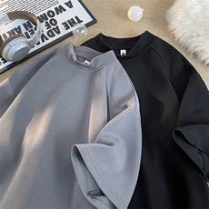 250克有氧棉半高领插肩袖小众设计感夏季纯色短袖T恤男士上衣P22，男装T恤，电商C306-1