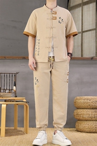风夏季两件套男士冰丝宽松短袖套装民族男装汉服图片