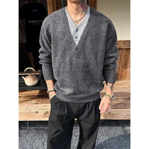 网图A2371P58-美式重磅假两件v领毛衣男冬季宽松套头针织衫上衣,吴世勋冬季衣服搭配图片