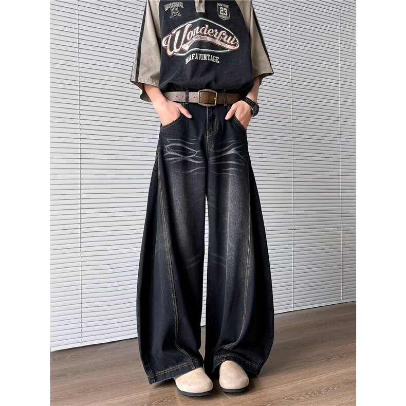高街牛仔裤男女韩版潮流弯刀裤帅百搭2025春夏ins长裤RK2572-P55,男装牛仔裤,星座412-3