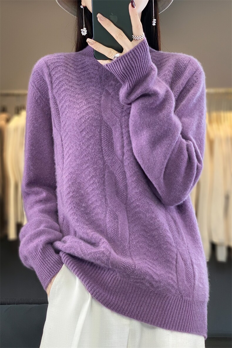 百搭紫色高领毛衣女秋冬新款宽松显瘦加厚保暖羊毛针织衫,女装羊毛衫,九嘉羊绒