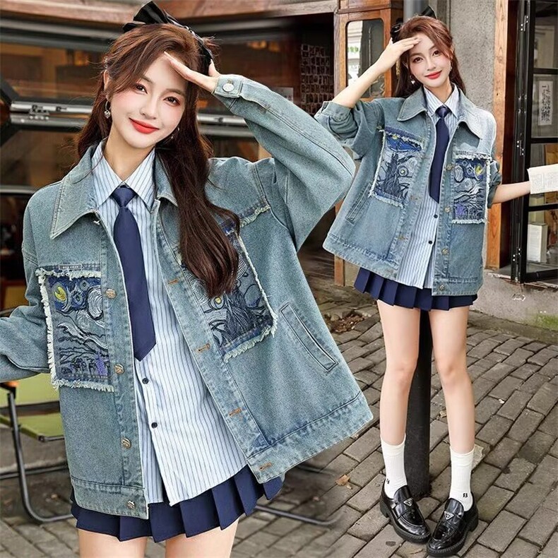 高级感刺绣牛仔外套男女2026秋季新款文艺风宽松夹克上衣，男装工装外套，星座410-6（原星座1304-1）