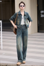 牛仔套装女春装2025新款超火开春穿搭小个子阔腿裤两件套洋气时尚，女装套装/套裙，琦鑫阁（原依鑫阁）
