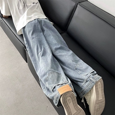 港风设计感阔腿牛仔裤男春夏新款微喇宽松大码浅色潮牌潮流裤子，男装牛仔裤，星座601-2