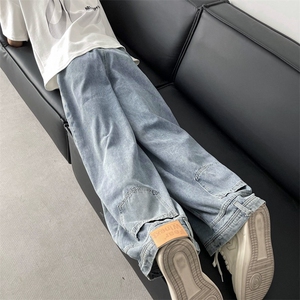 港风设计感阔腿牛仔裤男春夏新款微喇宽松大码浅色潮牌潮流裤子图片