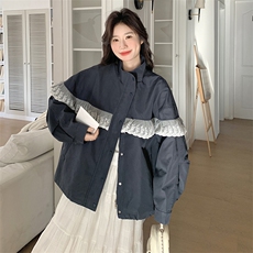 藏青色韩版宽松蕾丝拼接冲锋衣女春秋新款小个子休闲减龄短外套，女装短外套，2C203