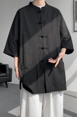 8XL-M新中式衬衫男中山装麻棉风复古中袖衬衣唐装CS527P60，男装衬衫，电商D206-1