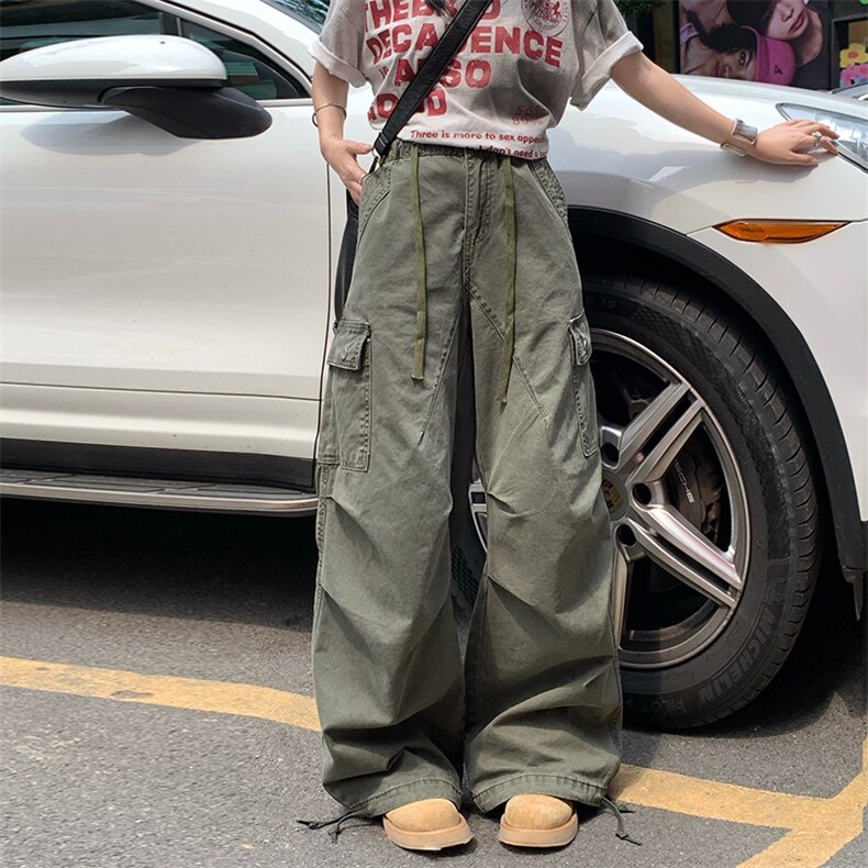 美式复古水洗做旧多口袋工装裤女阔腿宽松直筒百搭长款图片