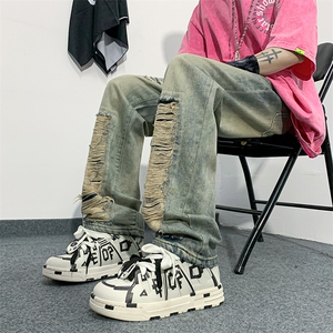 美式复古hiphop裤子高街潮牌ins牛仔裤男破洞长裤N01458-P43图片