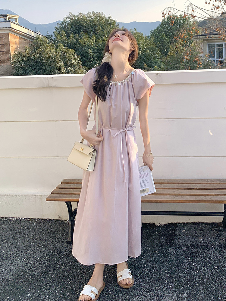 粉色小香风收腰减龄连衣裙女夏2025宽松慵懒风设计感亮片仙女长裙,女装连衣裙,慧尚依恋
