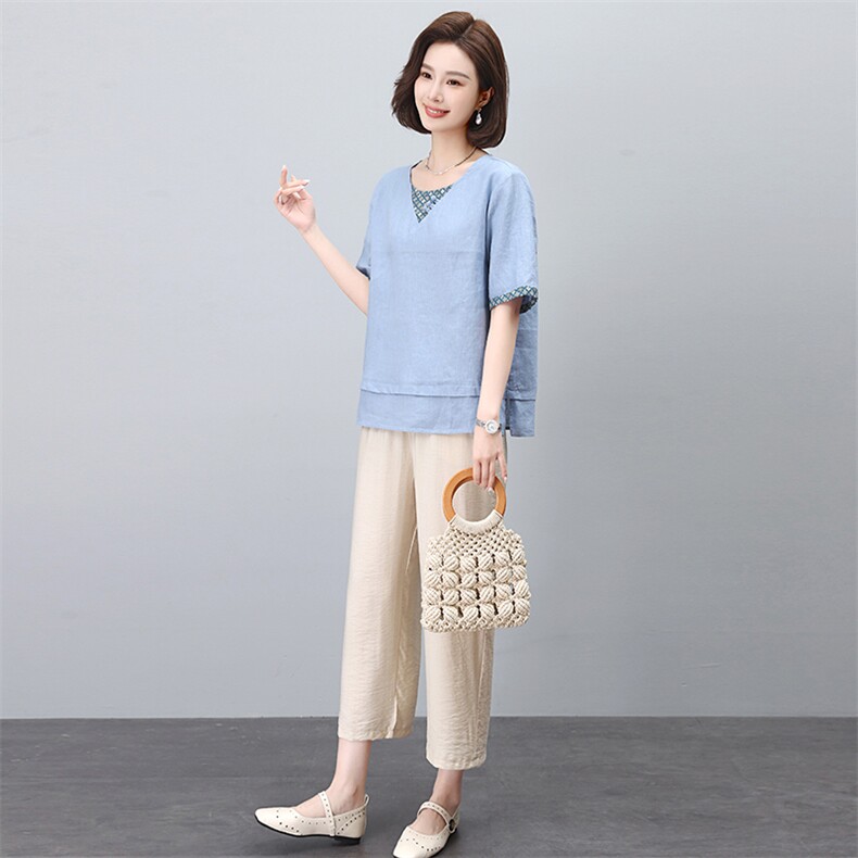 休闲文艺国风套装女2024新款夏装时尚苎麻高端刺绣复古休闲两件套,女装套装/套裙,凝聚力
