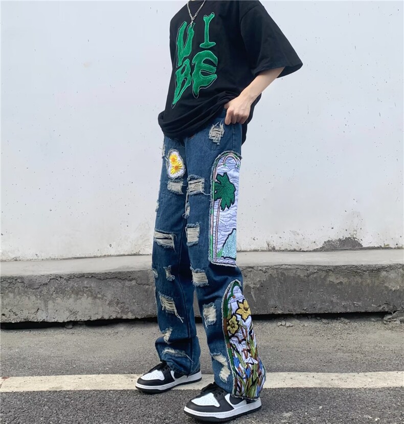 美式街头小众重工刺绣贴布直筒牛仔裤高街潮牌嘻哈宽松BK42-P83,男装牛仔裤,星座1109-3