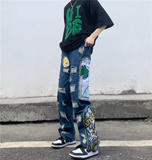 美式街头小众重工刺绣贴布直筒牛仔裤高街潮牌嘻哈宽松BK42-P83，男装牛仔裤，星座1109-3