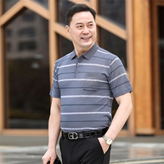 2025新款夏季爸爸装真口袋短袖t恤中老年男装翻领休闲冰丝POLO衫，男装Polo衫，星座1109