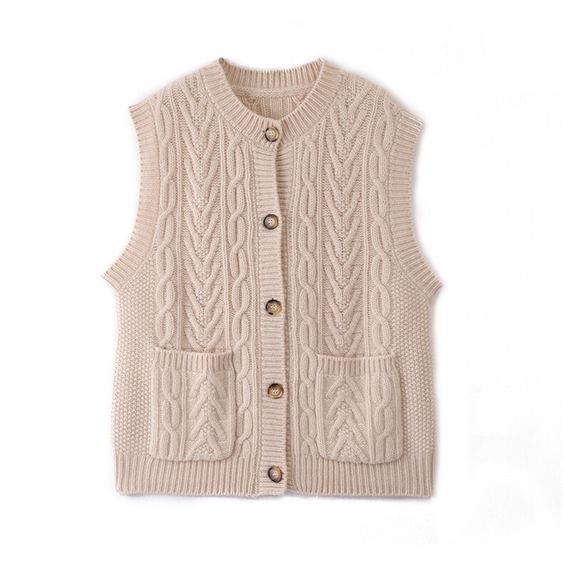 2025年秋季新款百搭女士无袖带丢绞花五针四股加厚马甲，女装羊绒衫，仙姿羊绒