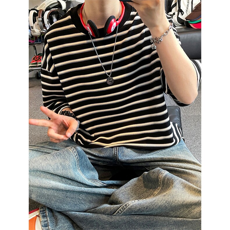 学院风纹理感经典条纹海军风大码男女无性别上衣T3614-特价P30图片