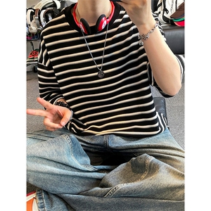 学院风纹理感经典条纹海军风大码男女无性别上衣T3614-特价P30图片