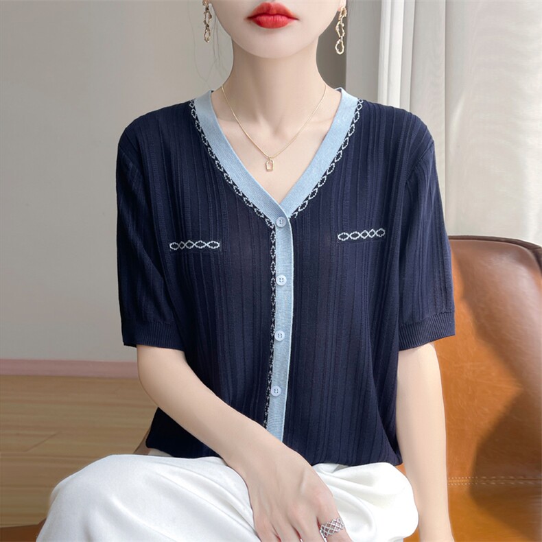 夏季新款莱赛尔天丝小香风V领撞色假开衫女宽松百搭显瘦时尚上衣,女装T恤,暖娇绒包芯纱店