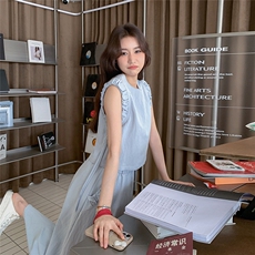 蓝色清冷松弛感马甲套装裙女2025夏新款法式气质减龄半身裙两件套，女装套装/套裙，2C261