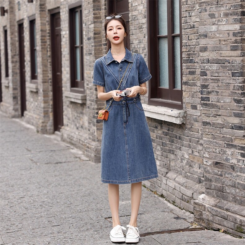 时尚显瘦牛仔连衣裙夏季新款气质淑女风百搭修身短袖裙装,女装连衣裙,秋水欣儿