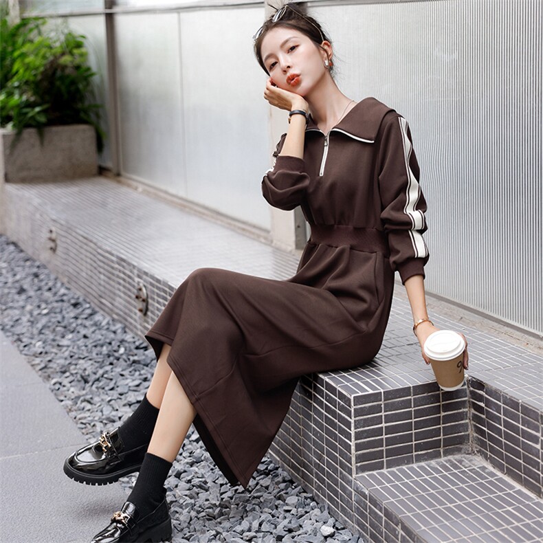 时尚简约中长款H版型高腰修身套头针织连衣裙女,女装连衣裙,微微衣阁