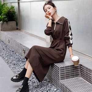 时尚简约中长款H版型高腰修身套头针织连衣裙女图片