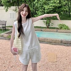 白色休闲简约流苏无袖背心套装女亚麻棉时尚减龄短裤两件套，女装套装/套裙，维壹