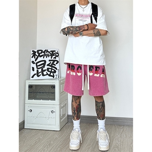 港风 纯棉320G重磅水洗做旧印花短裤A014-DY2370-P50控68图片
