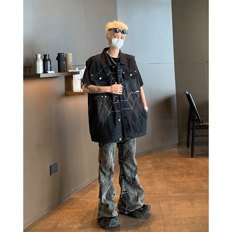 美式复古蜘蛛网牛仔马甲背心痞帅宽松无袖坎肩上衣外套M6044-P60,男装背心/马甲,星座1008