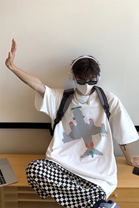新款港风大码情侣装男士T恤宽松飞机印花上衣 A071-5521-P28图片