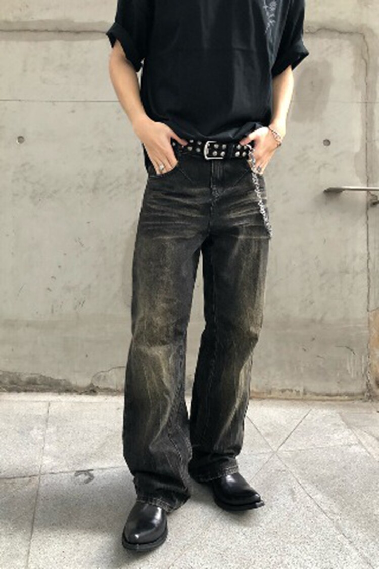 美式高街闪电裂纹微喇牛仔裤男潮牌cleanfit水洗直筒长裤,男装牛仔裤,星座218-8