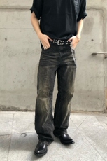美式高街闪电裂纹微喇牛仔裤男潮牌cleanfit水洗直筒长裤，男装牛仔裤，星座218-8