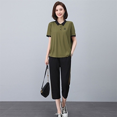 啄木鸟纯棉运动服套装女夏季宽松短袖七分裤中年妈妈装休闲两件套，女装套装/套裙，忆绮罗