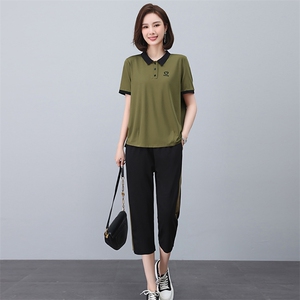 啄木鸟纯棉运动服套装女夏季宽松短袖七分裤中年妈妈装休闲两件套图片