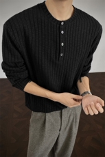 竖条纹老钱风纹理感打底衫男亨利领宽松长袖T恤T24529-特P33控65，男装T恤，电商A001-1
