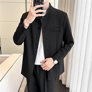 新中式休闲青年装纯色中山装男痞帅高级感西装礼服春秋冬季外套,破晓之战云端礼服搭配图片