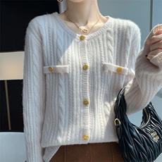 圆领扭花100%纯羊毛衫女秋冬新款小香风长袖外套毛衣宽松羊绒衫上，女装羊毛衫，冀清阳荣