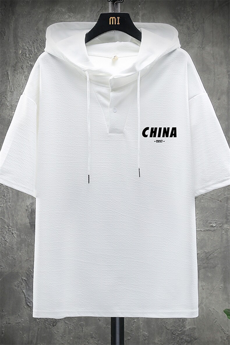 LD54248-P45连帽短袖t恤男大码胖子带帽五分袖中袖展架,男装T恤,电商A040A
