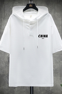 LD54248-P45 连帽短袖t恤男大码胖子带帽五分袖中袖 展架图片