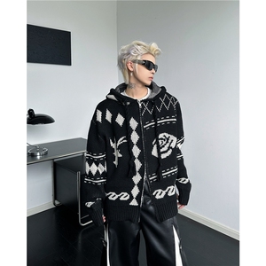 菱形格连帽开衫毛衣慵懒男生秋冬外套韩系小香风针织衫MZ743-P73图片
