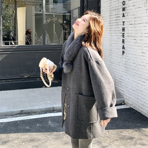 轻奢老钱风灰色毛呢大衣女冬季气质宽松中长款羽绒服羊毛外套图片