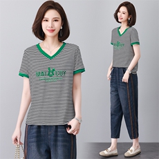 大量现货短袖T恤女夏装2024新款时尚撞色拼接条纹休闲韩版，女装大码女装，奕阳依阁