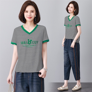 大量现货短袖T恤女夏装2024新款时尚撞色拼接条纹休闲韩版图片