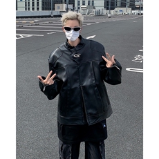 立领机车皮衣男春秋短款垫肩夹克宽松飞行外套潮牌W6866-P62，男装夹克，星座412-3